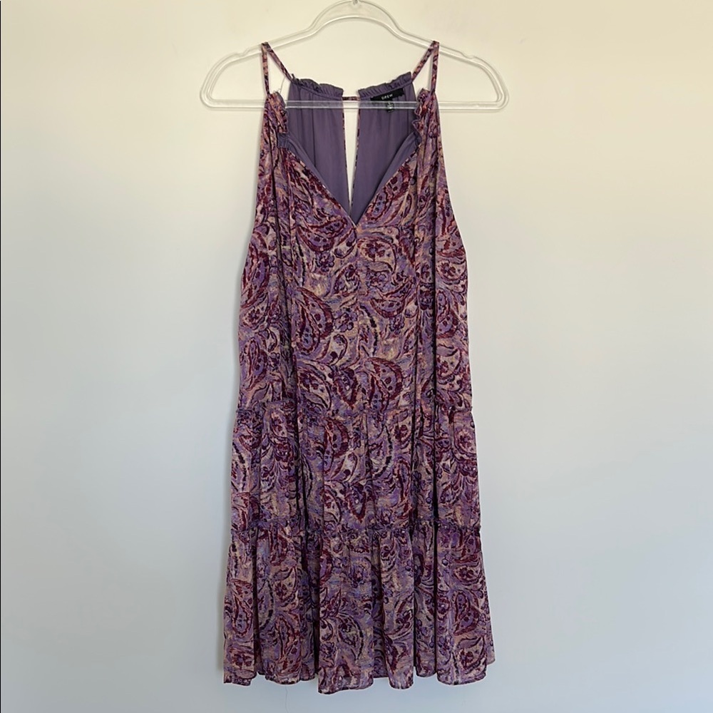 DREW Tiered Ruffle Dress Purple‎ Pink Size Large Paisley Boho Floral Halter